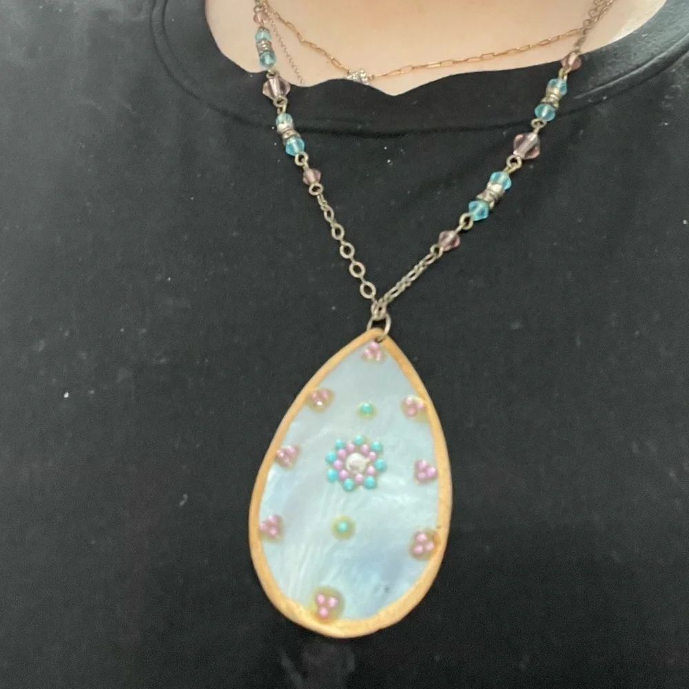 Gold,blue and pink Pendant Necklace